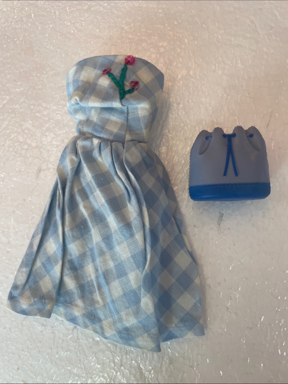 Vintage 1973 Barbie Best Buy fashion pack set Blue Gingham Doll Dress Blue Purse